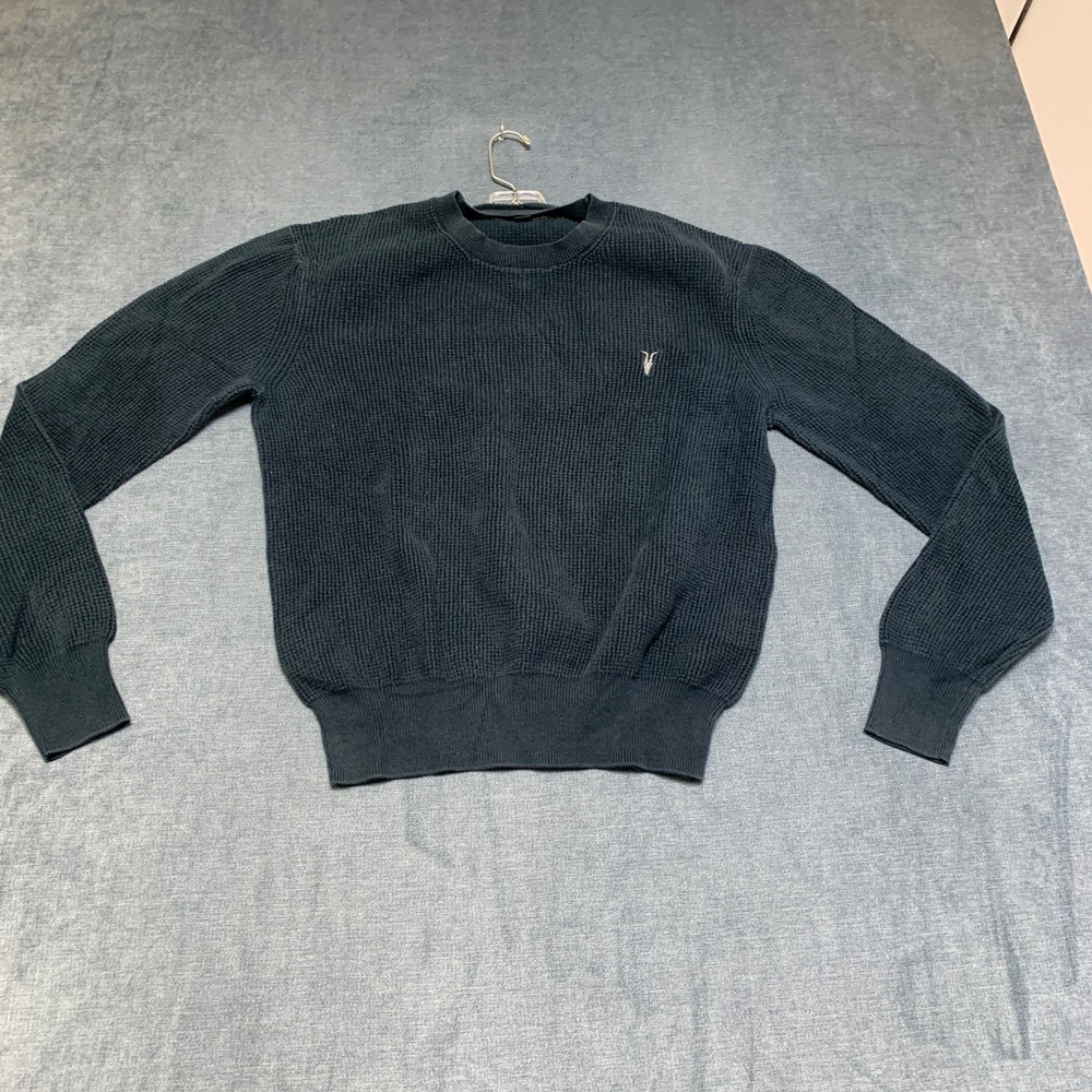 AllSaints Sweater Womens Medium Green Logo Knit Crew Neck Long Sleeve Pullover